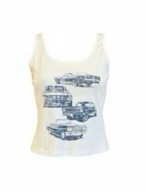 M Social Scene Cream Beige Tank Top with Navy Car Graphic Juniors Women’s Summer